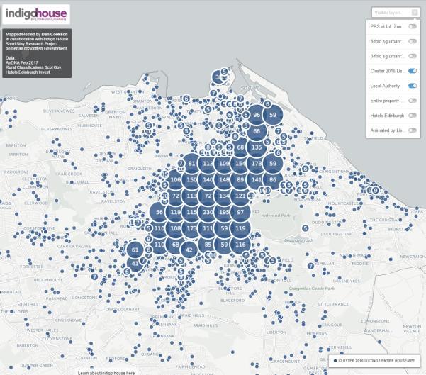 Map 4 Edinburgh Cluster Map of New Airbnb Listings (entire home/apt) in 2016 Link to Map Zooming into Edinburgh it can be seen where new
