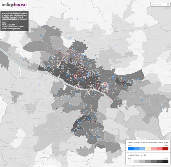 Map 7 Glasgow Map of Airbnb Listings (entire home/apt) overlaid on % Households in PRS Link to Map As with Edinburgh, this map shows