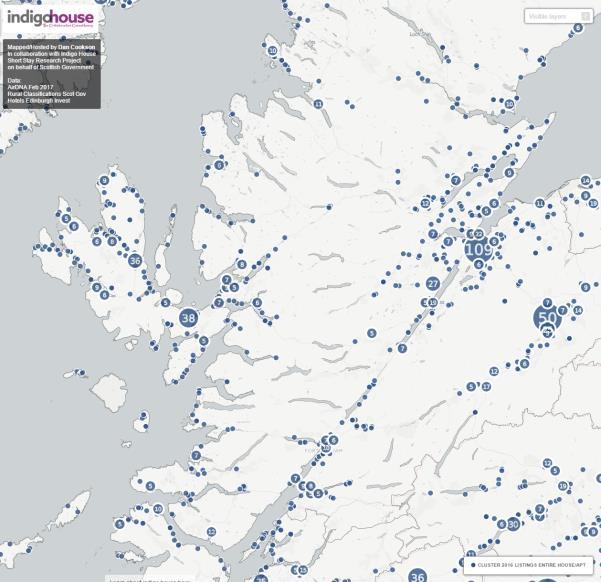 Map 8 Highland Cluster Map of New Airbnb Listings (entire home/apt) in 2016 Link to Map The map of recent Airbnb listings across the Highlands shows high