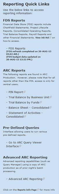Other mycolumbia Portal Links ARC Within the ARC section is a Reports section that provides real-time