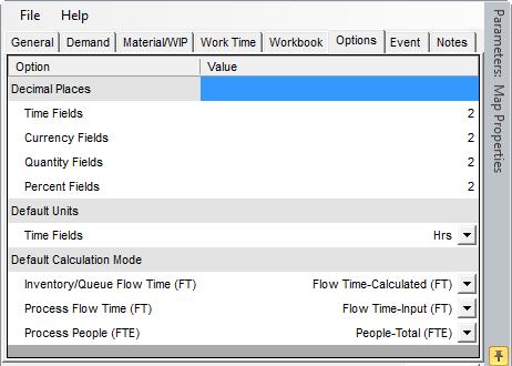 Section IV: Defining Map Properties Options The options tab is used to establish the default time units, decimal places, and calculation mode.