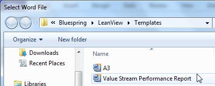 To create a Word document to summarize value stream performance information, navigate to the Analysis section of the LeanView ribbon, select Microsoft Word, and choose Value Stream Performance from