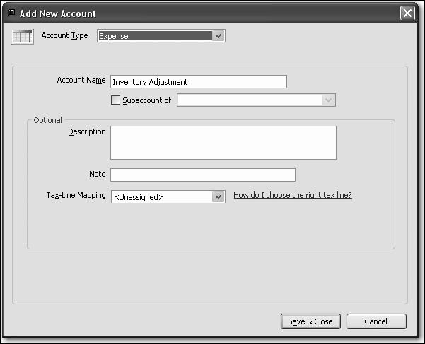 Setting up inventory 4 In the Account Type field, choose Expense from the drop-down list,