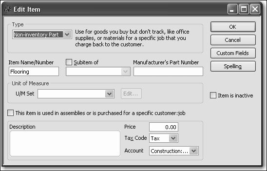 Setting up inventory Assigning measure sets You can create several measure sets for your company that you can assign to items. You just created a measure set for area for Rock Castle.
