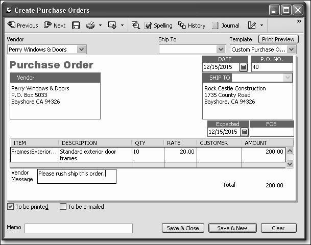 L E S S O N 1 0 5 In the Vendor Message field of the purchase order, type Please rush ship this order. Your Purchase Order should resemble the following figure.