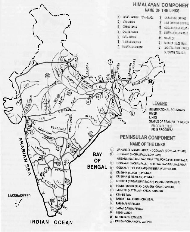 Fig.1 NWDA Plan (NPP) of Interlinking Indian Rivers by Link Canals (numbered and shown in thick lines) for