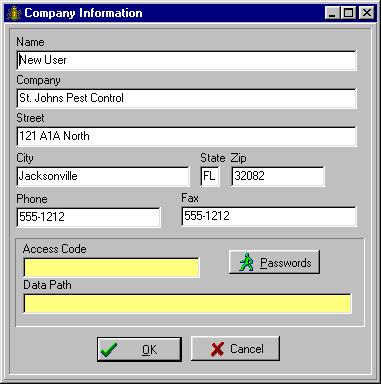 DDT Pest Control Software File File Company Info Menu Choice Selecting Company Info from the main menu