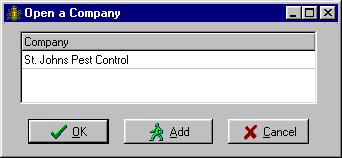DDT Pest Control Software File This dialog box allows the user to add an additional company or select an existing one.