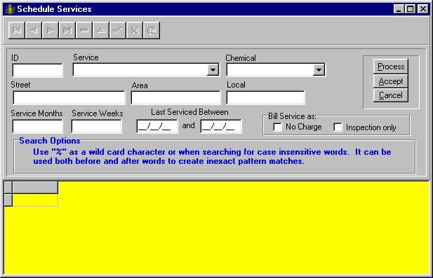 DDT Pest Control Software Scheduling Services Scheduling Services The Schedule Service Window allows you to quickly schedule services for groups of customers or a single customer.