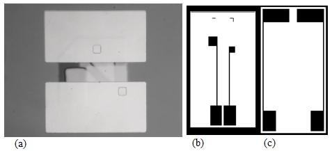 Figure 2.7: (a) Top view of 4 terminal device after lift-off process of Cr&Au layers. Top rectangle is a cathode and bottom one is an anode. (b) A drawing of a bottom electrode.