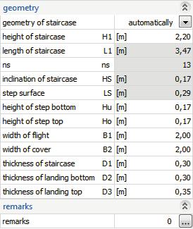 Flight of stairs Geometry Stairs geometry Automatic: The application optionally proposes the stair dimensions for a given stair height, while considering the step height, comfort and safety rules.