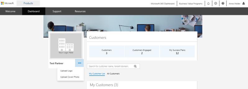 How to navigate the Dashboard From the Dashboard, partners can update their details, Microsoft and partner users can go to a customer profile, then view company details, including all Success Plans