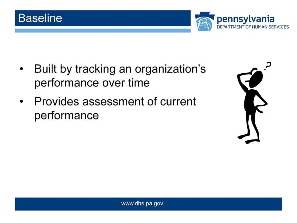 A Baseline is built by tracking an organization s performance over time, generally at least one year, and provides an objective assessment of current level
