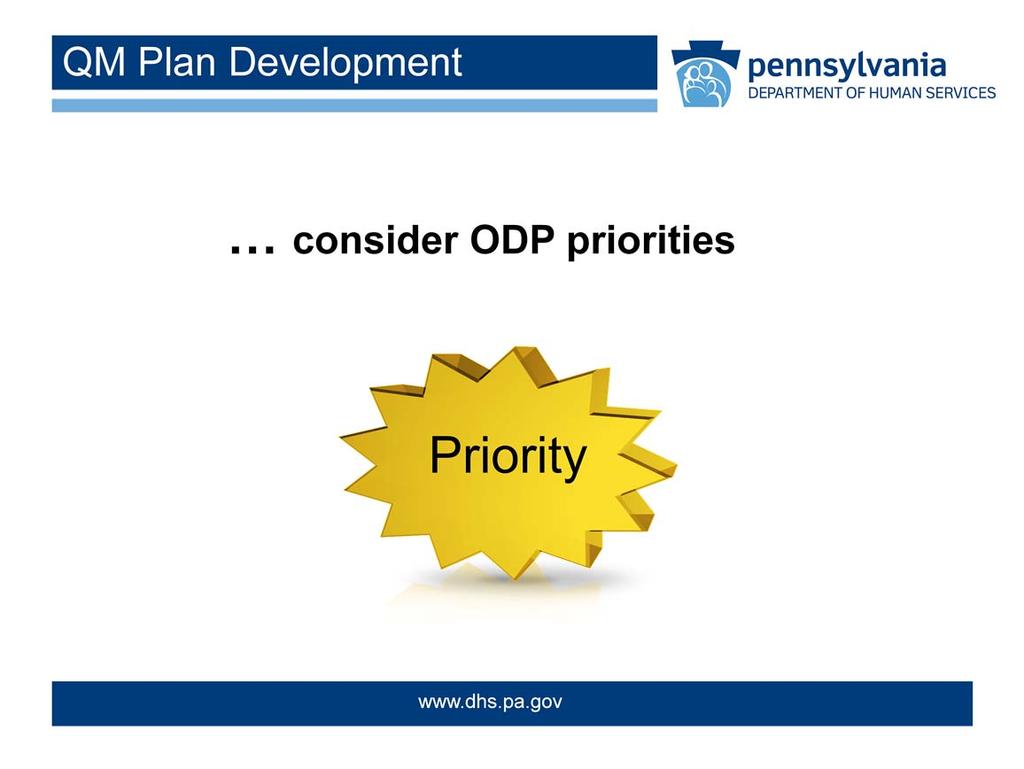 The starting point for each of us in developing QM Plans and Action Plans is a thoughtful consideration of ODP s priorities described earlier in this Module in