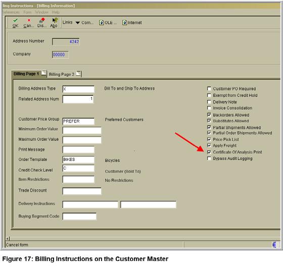 Setting up Customer Billing Instructions: In order for the COA to print for a customer, the system requires that you set the Certificate of Analysis check box on.