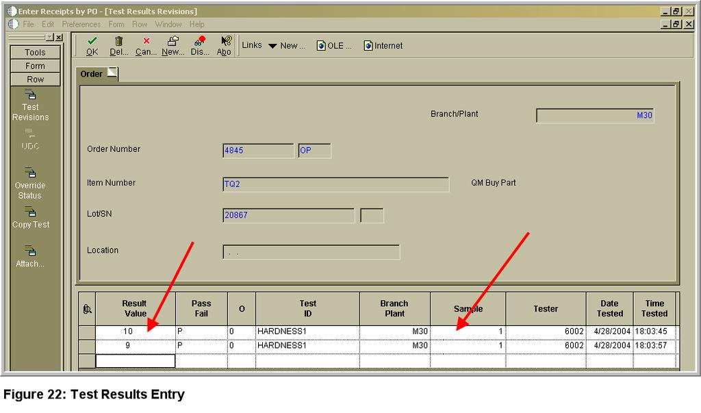 The system will take you to the Receipt Entry screen (Figure 21). The grid contains a column to indicate that tests need to be accomplished (Red Arrow).