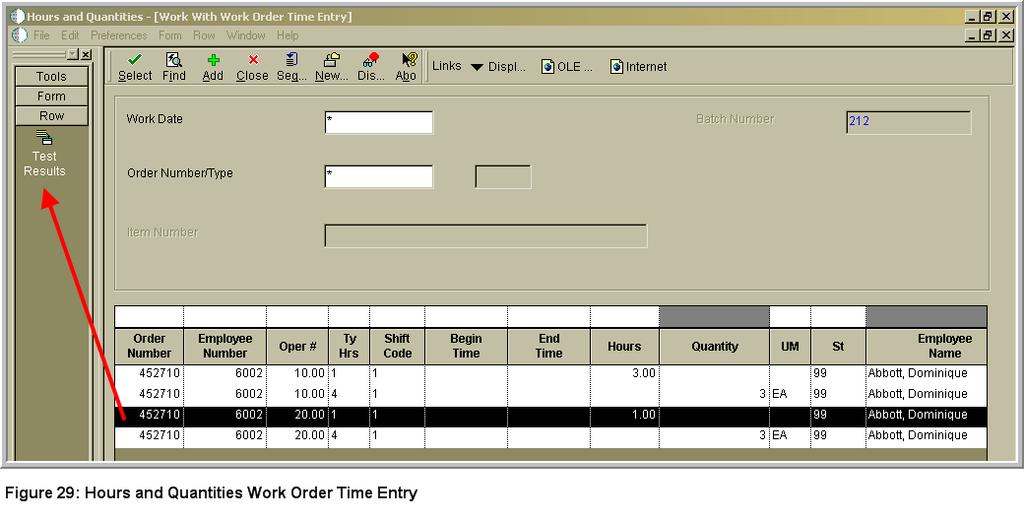 Work Order Operation Test Entry: Once the raw material is in inventory, you now issue it to the work order. Test Entry can be accomplished when labor and operation quantities are entered.