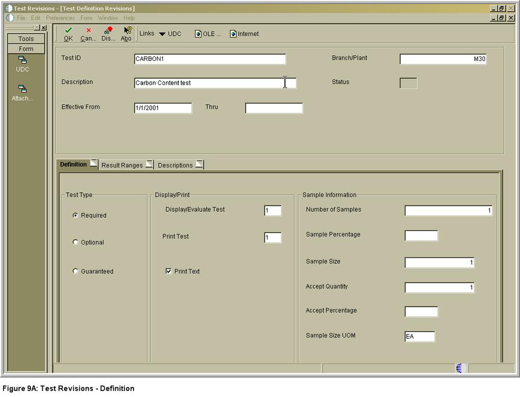 Figure 9A shows the Test Revisions screen on the Definition tab. The test ID field is 25 characters allowing for an ample size test number.