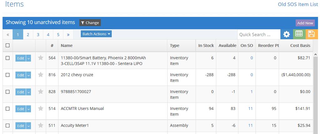 4.1.2 Item List The Item List (Operations Menu -> Inventory -> Items) is one of the most commonly used pages in SOS Inventory. It provides an overview of your items and their key properties.