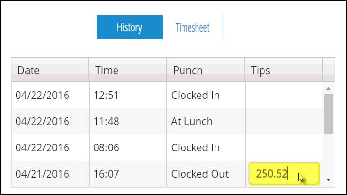 Edit Tip Entry *There is a maximum time limit of 24 hours to make an edit to a previous tip entry. 1. Log into Web Kiosk to access the Web Kiosk Employee Dashboard. 2. Edit a previous tip entry by clicking into the field in the Tips column and inputting the new dollar amount.