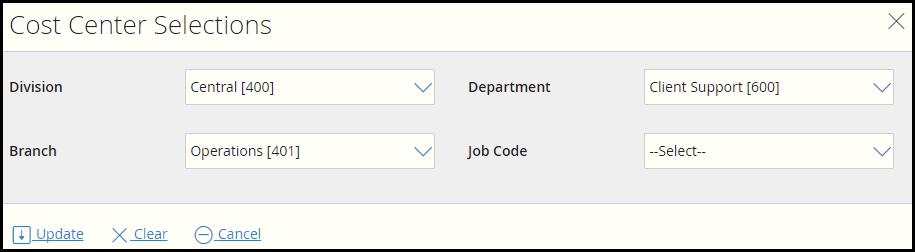 Transfer Web Punch 1. Use the Recent Selections drop down to select a previously selected cost center combination to populate the Cost Center drop downs. 2.