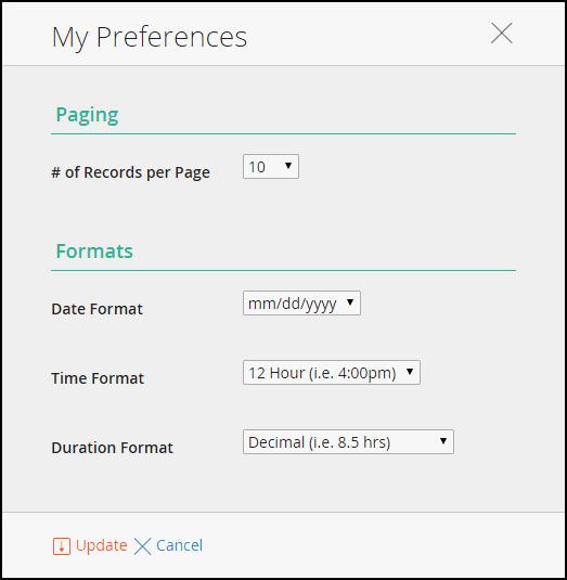 User Preferences Hover over the initials or image in the top right corner of any Web Time page and click User Preferences.