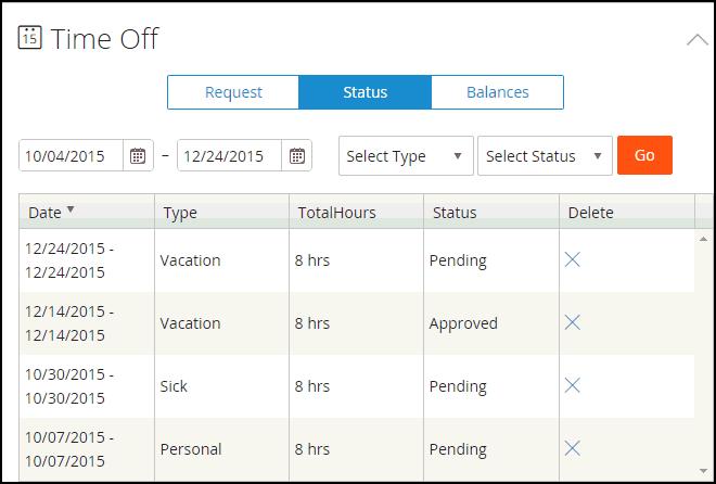 Request Status 1. Click the drop down to display or hide this section of the employee dashboard. 2. Select Status to display time off request statuses. 3.