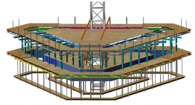 Slipform is composed of three decks. These are top, middle and hanging decks. The top deck services for pouring of concrete. The threaded vertical bars also erected at the top deck.