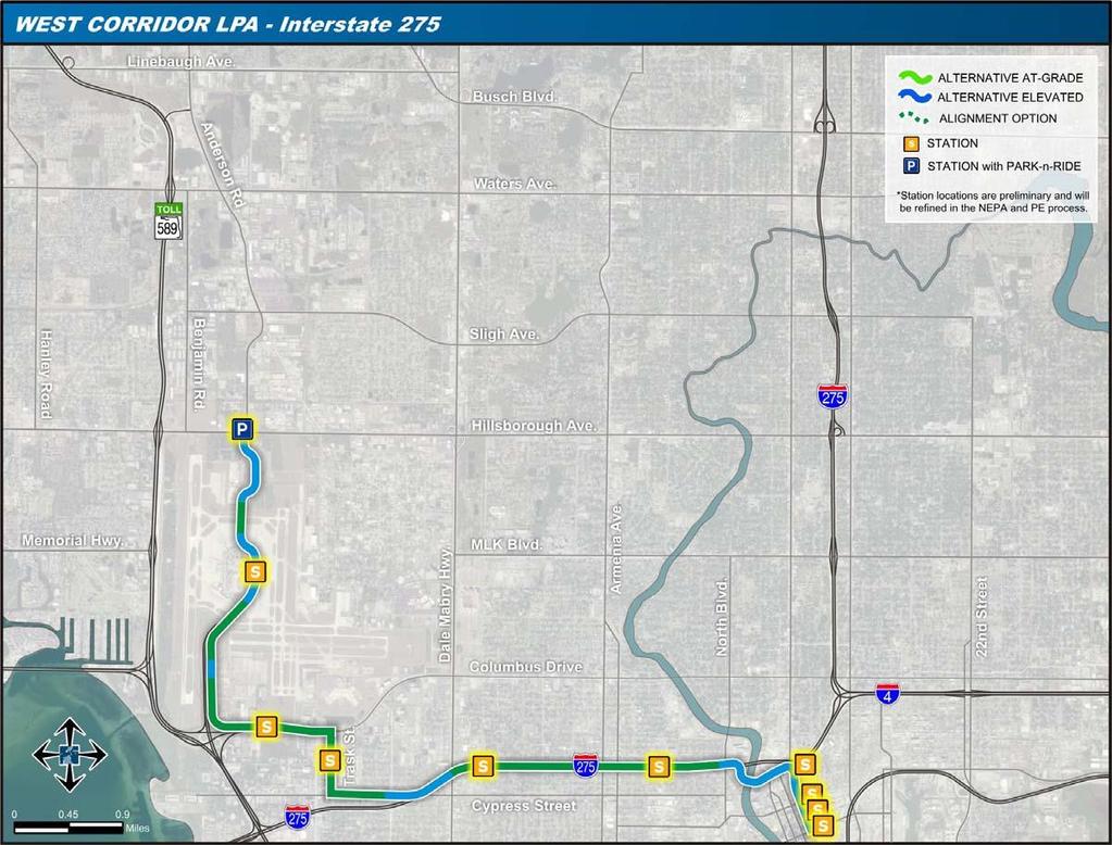 Figure 3 HART AA West Corridor HART staff recommended a 12 mile starter demonstration project from downtown to the Tampa Airport to Linebaugh Avenue, with a projected a $825 million capital cost and