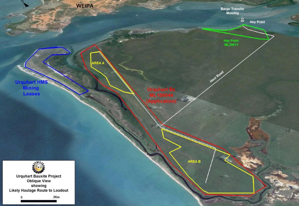 URQUHART BAUXITE PROJECT FIGURE 2: Aerial view showing likely haulage route and proximity of Hey