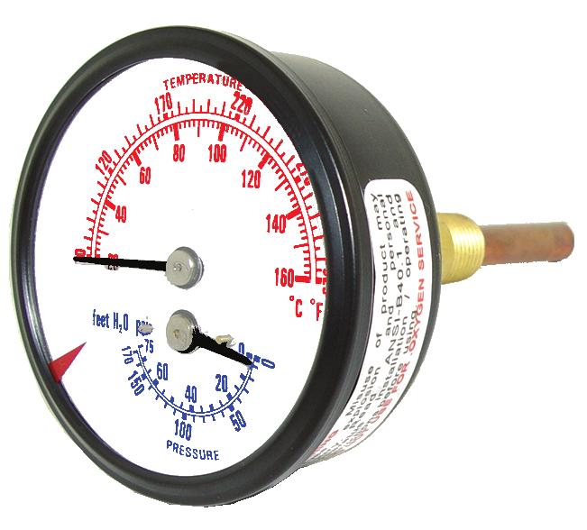 2 ½ TRIDICATORS Dual reading pressure and temperature instrument High quality, economical design for use in commercial and industrial boiler applications SPECIFICATIONS Dial 2 ½ (63 mm) Black painted