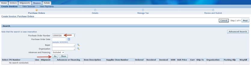 The Create Invoice: Purchase Orders window is displayed.