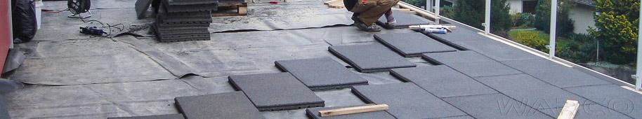 Tiles on a roof terrace WARCO tiles do not have to be glued or fixed to the floor. You just simply lay the tiles on a roof terrace covered with roofing foil, felt or bitumen sheets.
