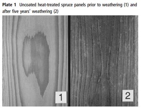 Weathering resistance Heat treated wood losses its brownish color when exposed to UV light, turning grey and cracking.