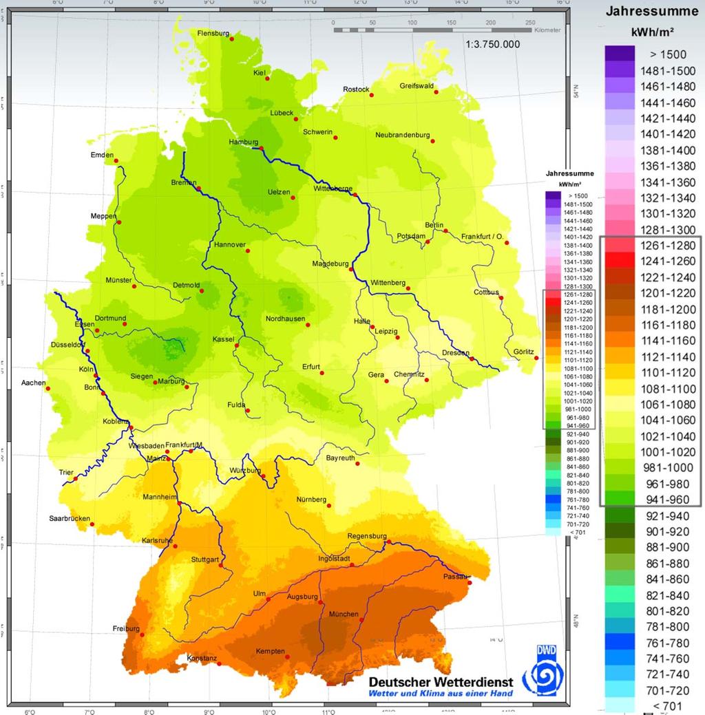 Geographical Variation of Solar Radiation Yearly Sum of Solar Radiation Germany 1981