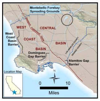 Case Study 1: Montebello Forebay, Los Angeles, California The Montebello Forebay Groundwater Recharge Project began in 1962 in response to groundwater overdraft and seawater intrusion from population
