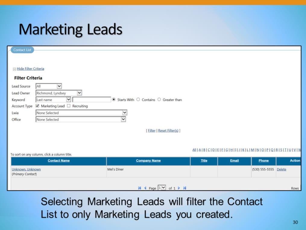 The Marketing Leads list is identical to the Contact List screen.