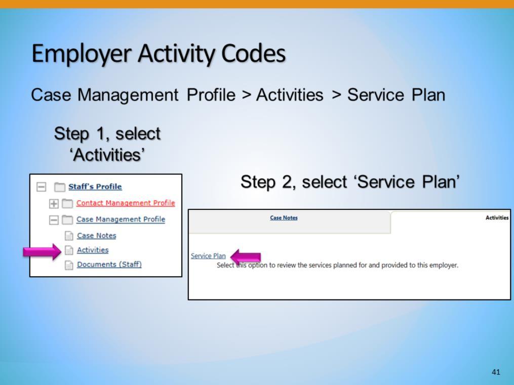To add an activity for a service provided, while Currently Managing the Employer, under the Employer Profile, find the Staff s