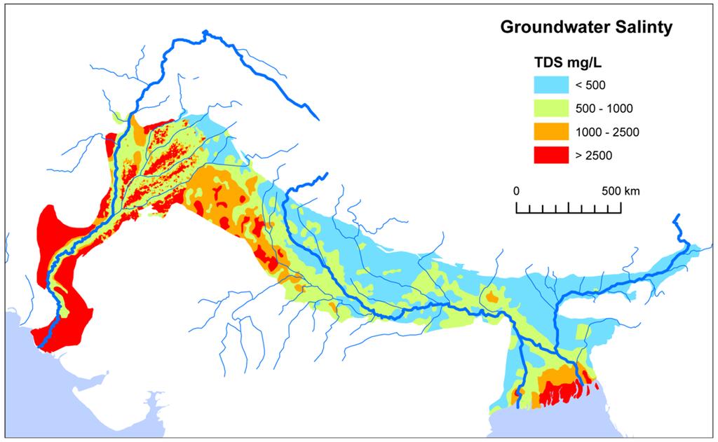 Figure 7 Distribution of groundwater salinity in the top 200 m of the IGB aquifer. Data from WAPDA 2001, IWASRI 2005, Quereshi 2008, CGWB 2010, Ravenscroft et al. 2009 DPHE/BGS 2001).