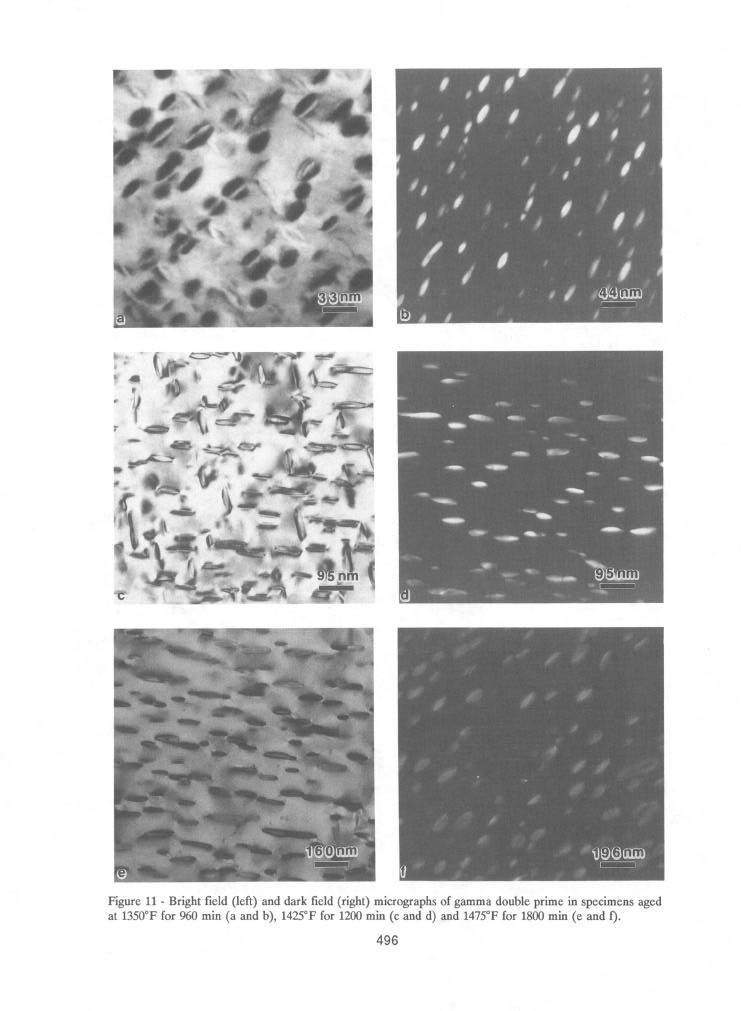 Figure 11 - Bright field (left) and dark field (right) micrographs of gamma double prime in specimens