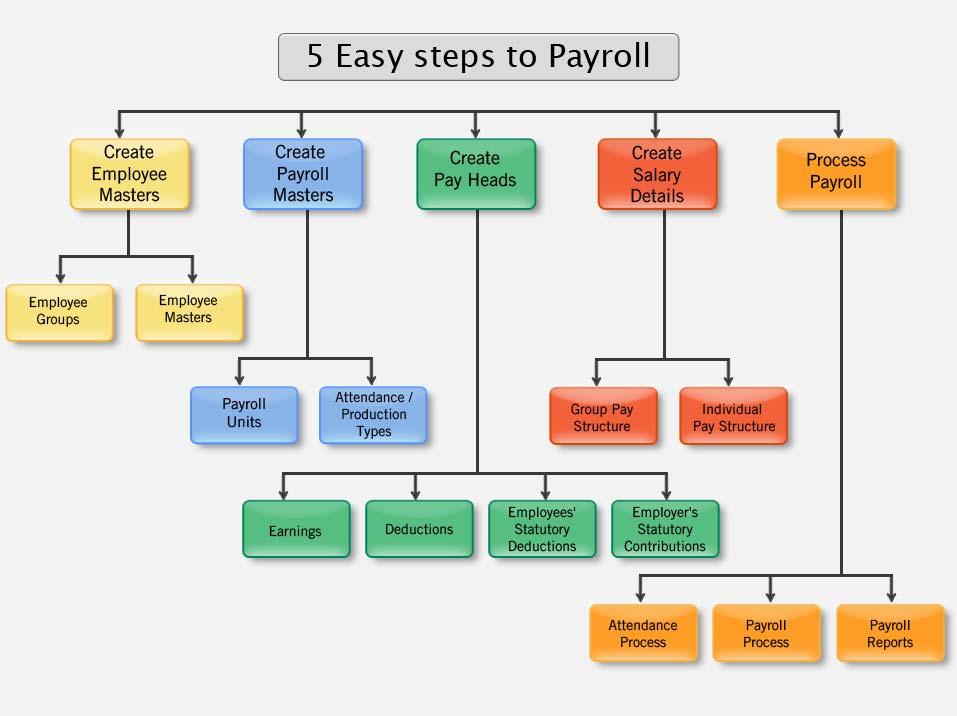 Creation of Payroll Masters The Payroll feature in Tally.ERP 9 requires minimal effort for accurate payroll processing. It takes five easy steps to process payroll & generate Pay Slip in Tally.ERP 9. Figure 2.