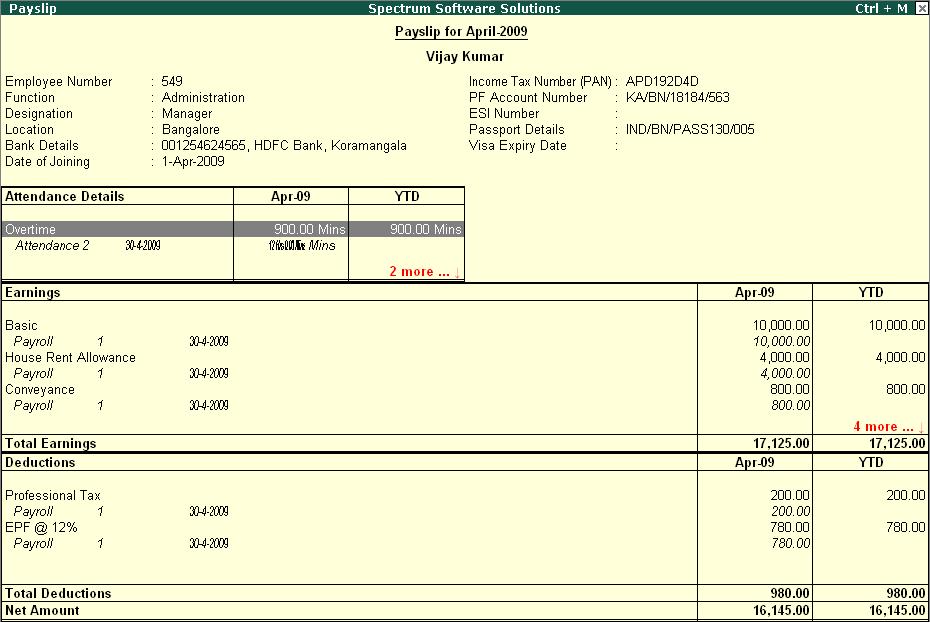 Payroll Reports The detailed Pay Slip is displayed as shown: Figure 10.