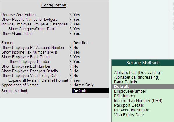 Payroll Reports You can further configure the Payroll Statement to display the Employee groups and categories, category/group subtotals, grand totals, user-defined Pay Slip names, employee names,