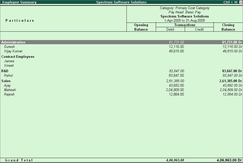 Payroll Reports The Employee Summary screen is displayed as shown: Figure 10.