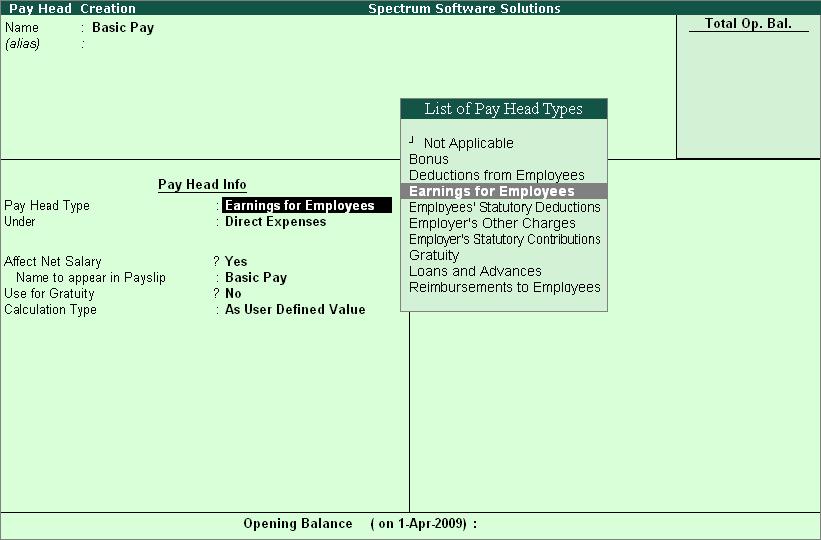 Creation of Payroll Masters 1. Type Basic Pay as the Name of the Pay Head 2. Select Earnings for Employees in the field Pay Head Type. The Pay Head Creation screen is displayed as shown: Figure 2.