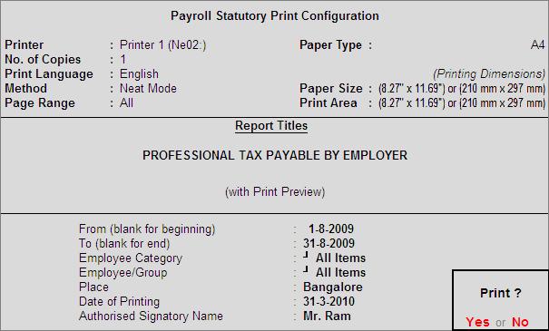 Payroll Reports The completed Payroll Statutory Print Configuration screen is displayed as