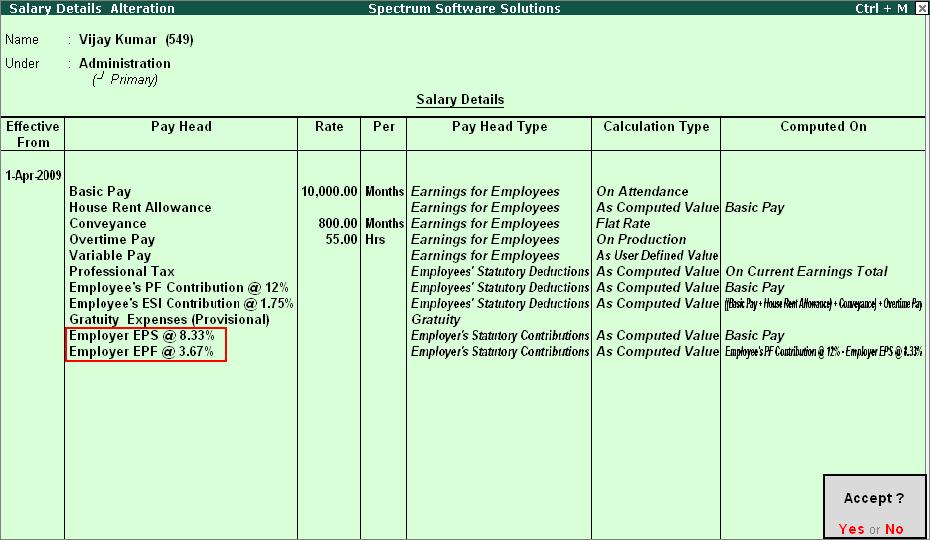 Accounting for Employer PF Contributions The completed Salary Details screen is displayed as shown: Figure 4.