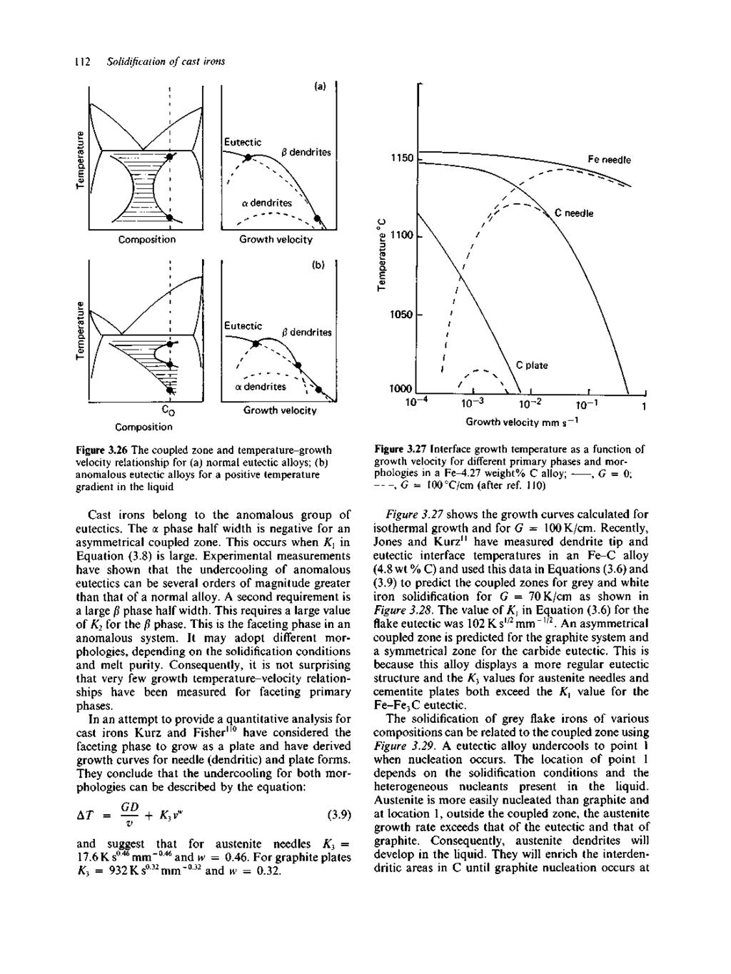 112 Solidification of cast irons Fe needle Composition Growth velocity (b) Eutectic ß dendrites Composition adendrites \^L Growth velocity Figure 3.
