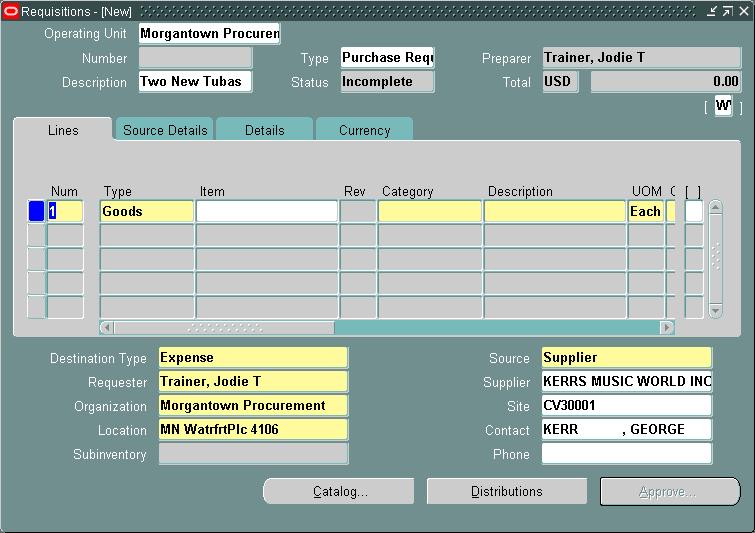 9. Click the X in the upper right corner to exit the Preferences screen to return to the Requisition. 10. Proceed with filling out the Header and Lines parts of the requisition.