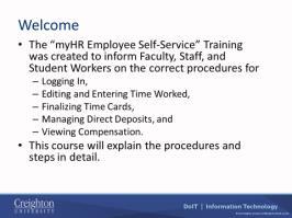 Welcome Welcome to the training on myhr Time and Absence training facilitator s guide.